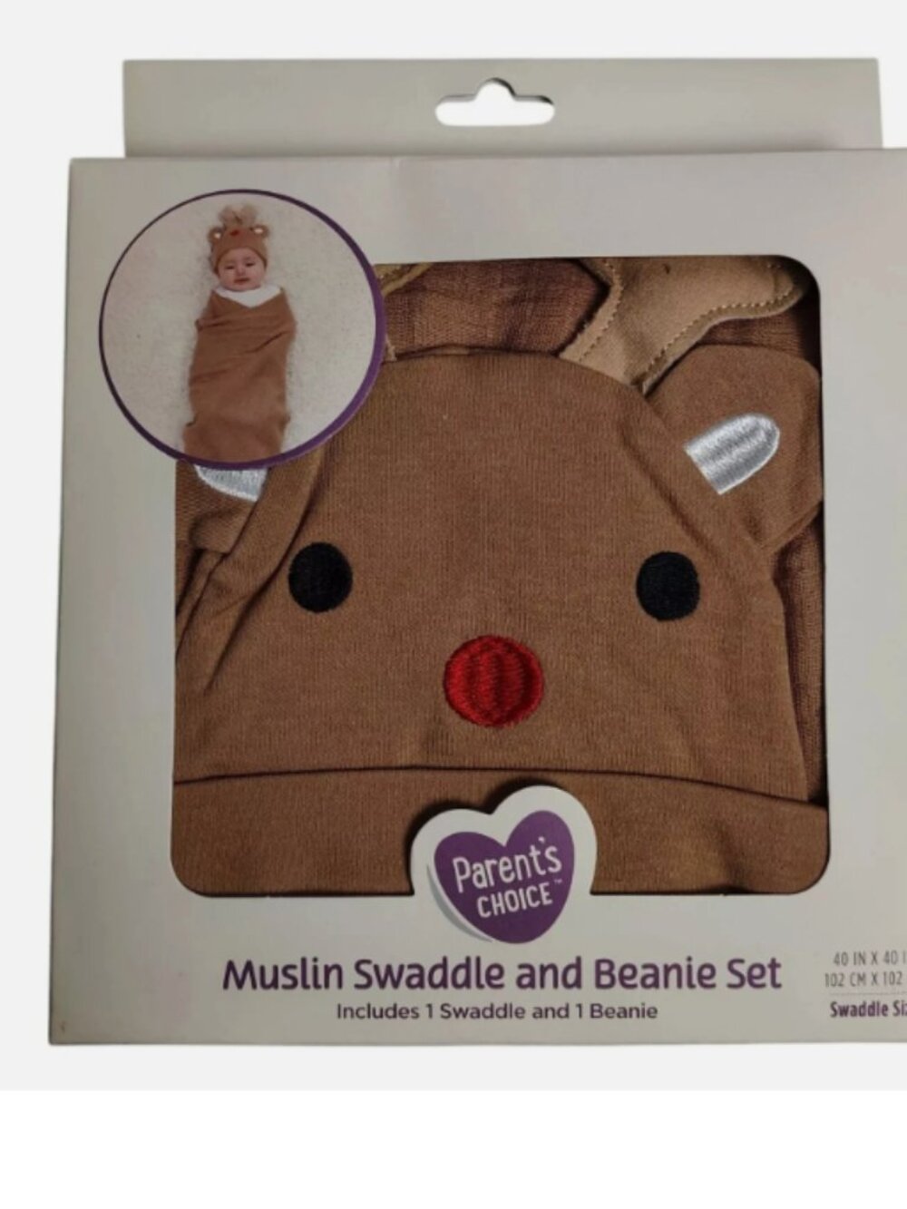 Parents' Choice Muslin Swaddle & Beanie Cotton Brown Reindeer Newborn Set 40"x40